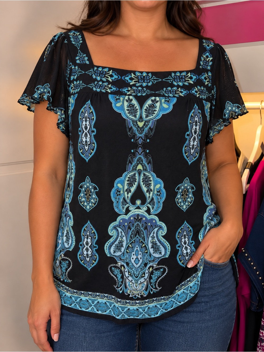 Blue & Black Paisley Print Blouse